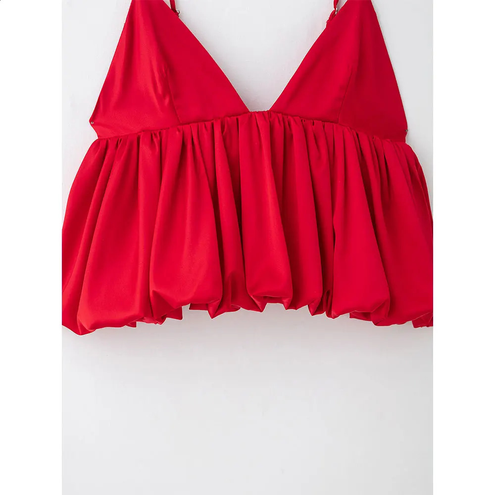 DUOPERI womens fashionable red pleated vest top retro backless thin shoulder strap Vneck 250319