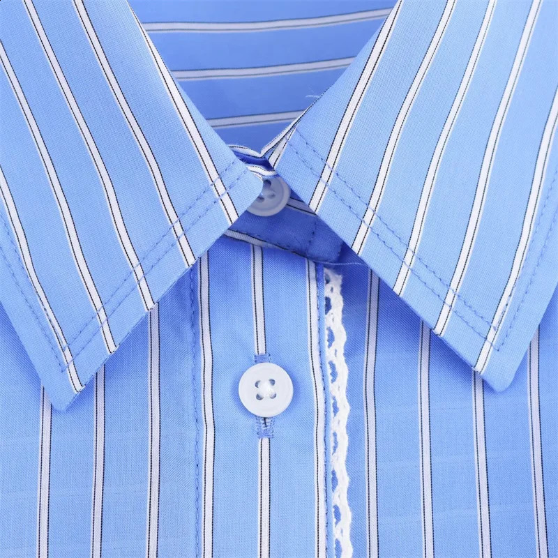 Womens Long sleeved Blue Striped Shirt Spring 2025 Office Casual Cutting Elegant Button Top 250319