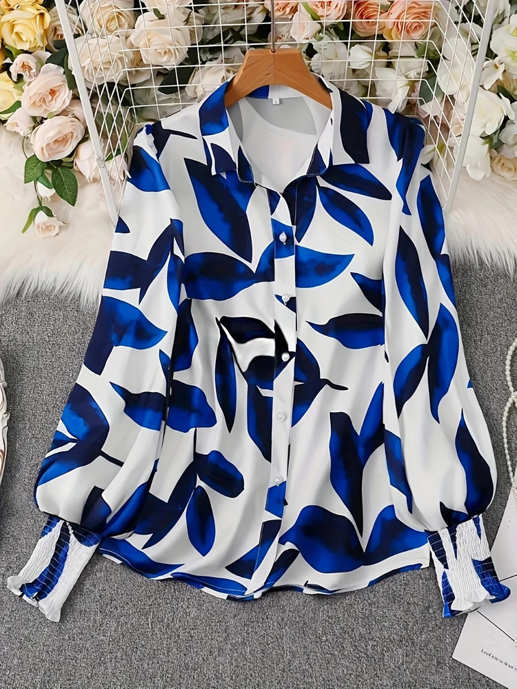 Plus Size 2025 SpringSummer Leaf Printed Button Front Shirt Casual Long Sleeve Collar Womens 250319