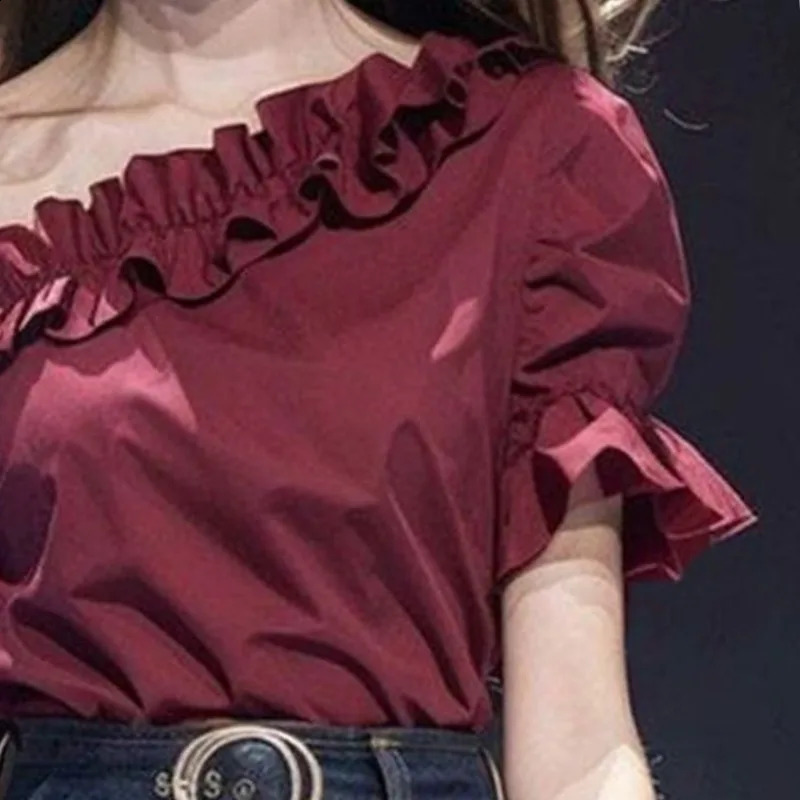Elegant summer solid womens round neck shirt with pleated edges fashionable retro style fully matched ultrathin petal sleeve top 250318