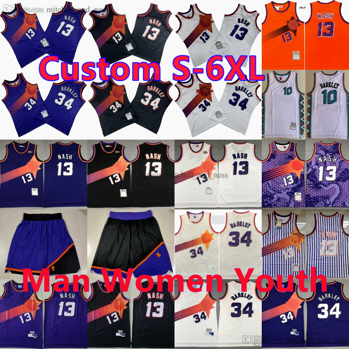Custom MitchellNess 1996-97 Classic Retro Basketball 13 Steve Nash Jersey Vintage 1996 All-Star Stitched 34 Charles Barkley Jerseys Purple Breathable Sport Shirt