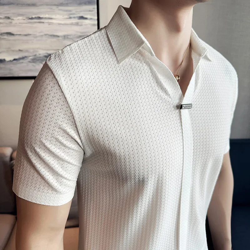Mens Waffle Polo Shirt British Style Summer Ice Silk Thin Solid Casual Elastic Slim Fit Short Sleeved T-shirt Mens Clothing 250318