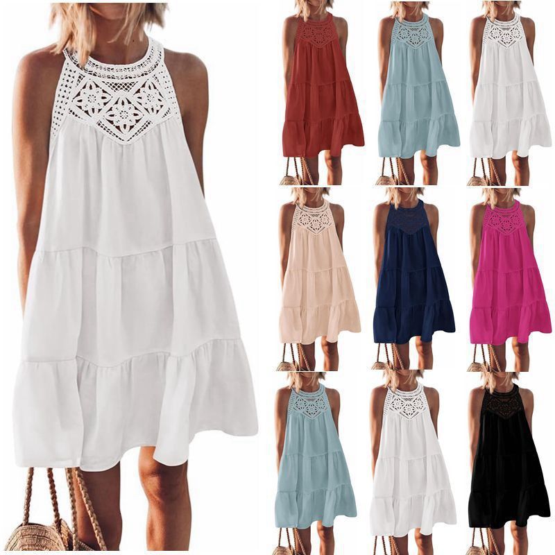 2025 women's spring and summer hollow lace splicing hanging neck A-line dress