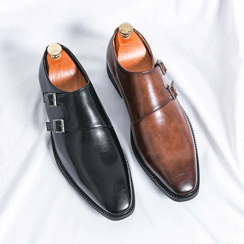 Classic dress mens leather shoes with corner toe buttons for business office weddings soft and comfortable mens shoesXJ250319