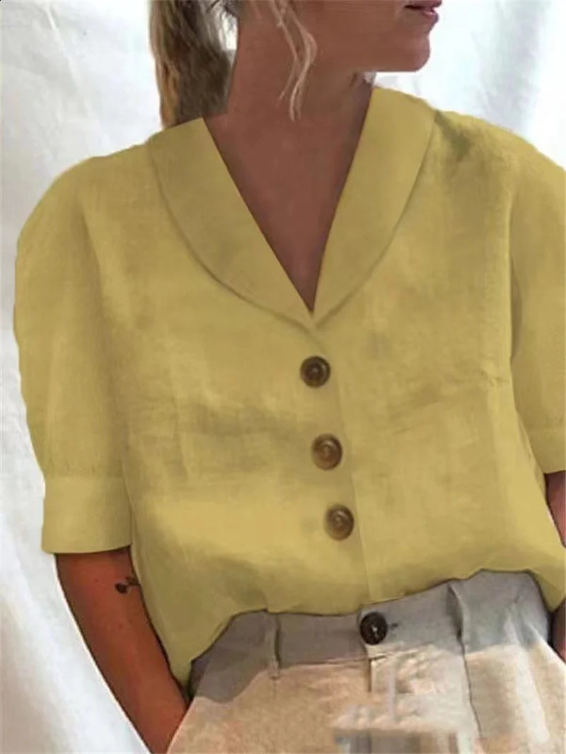 Simple Style Solid Color Cotton Linen Shirt Women Single-breasted Cardigan Lapel Blouse Female Casual Bubble Half Sleeve Top 250318
