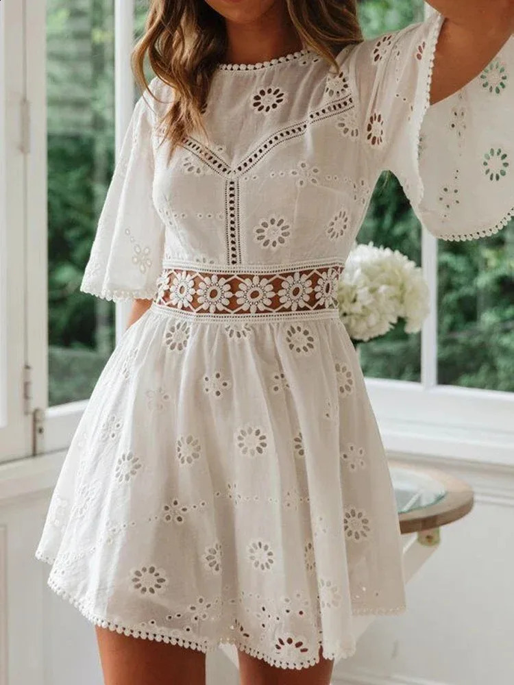 Womens white hollow backless mini dress cotton party floral embroidery casual fashion 18504 250319