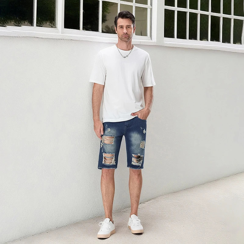 Mens Distressed Denim Shorts with Fashionable Zipper Flight Button Closed Pocket Casual Summer Street Clothing Fashion 250319