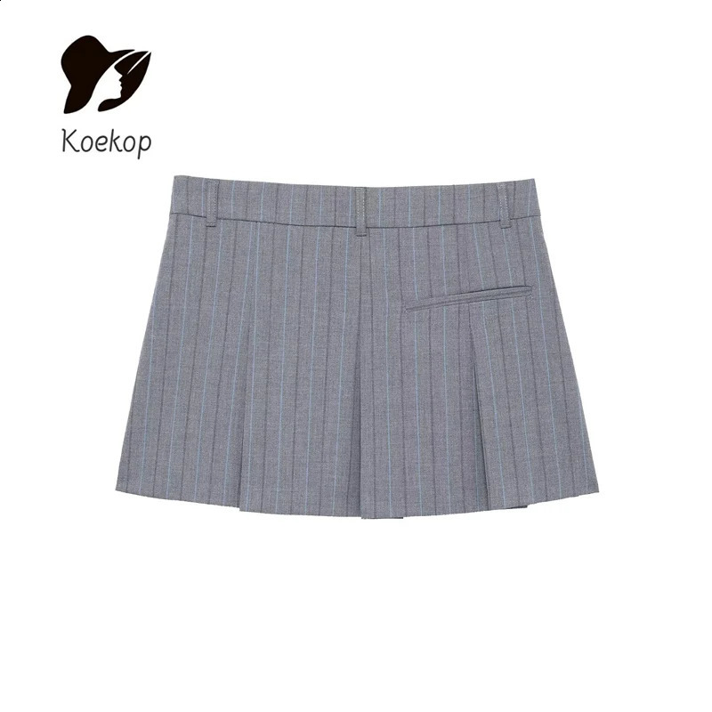 Koekop Womens Fashion Poplin Striped Round Neck Shoulder Strap Top and Retro Casual High Waist Mini Skirt 250318