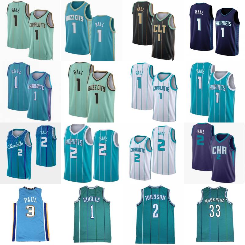 Mens 1 LaMelo Ball City Basketball Jerseys Tyrone Bogues 2 Larry Johnson 33 Alonzo Mourning 3 Chris Paul Retro Shirt