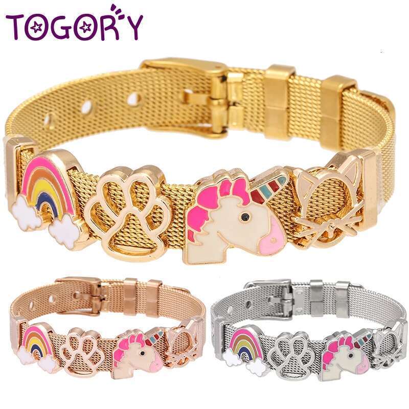 Hot Sale 10mm Rainbow Unicorn Beads Stainless Steel Mesh Bracelets DIY Charm Keeper Bracelets Bangle For Women Men Jewelry Gift