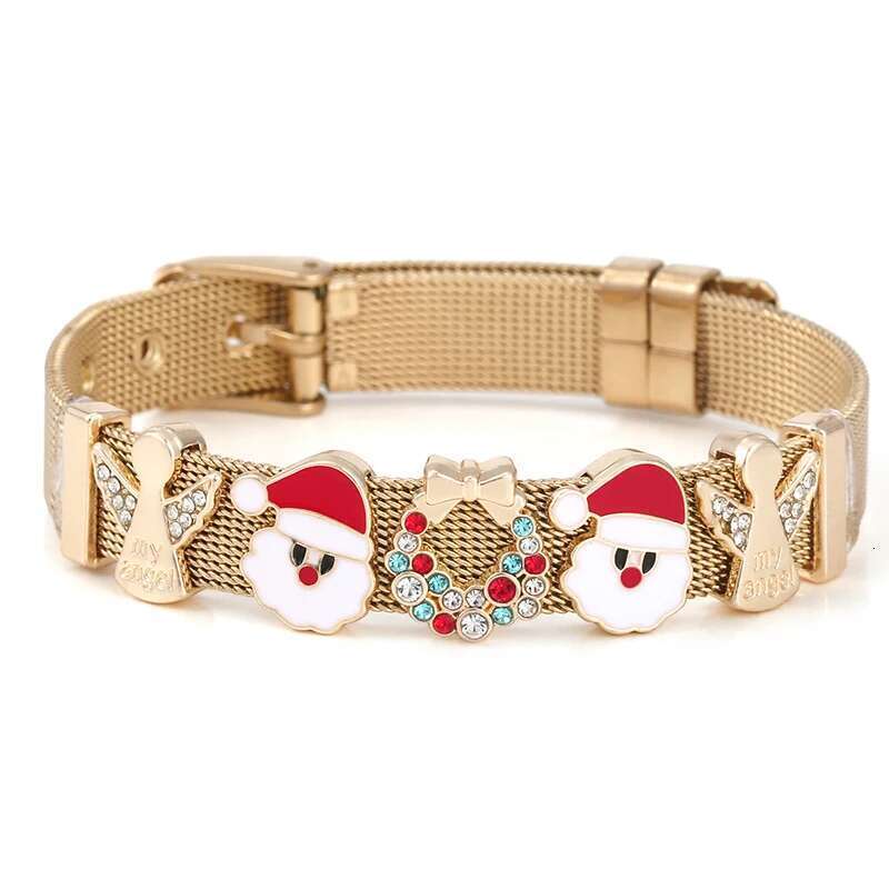 10mm Gold Color Winter Series Santa Claus Bells Beads Mesh Bracelet Stainless Steel Charm Bracelets For Women Christmas Jewelry