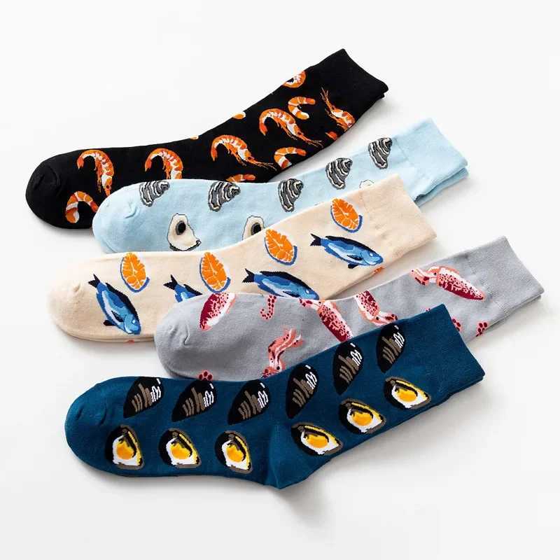 Creative Women Harajuku Seafood Socks Winter Cotton Skateboard Long Socks Oysters Mussels Octopus Arctic shrimp Cod Salmon socks X250319