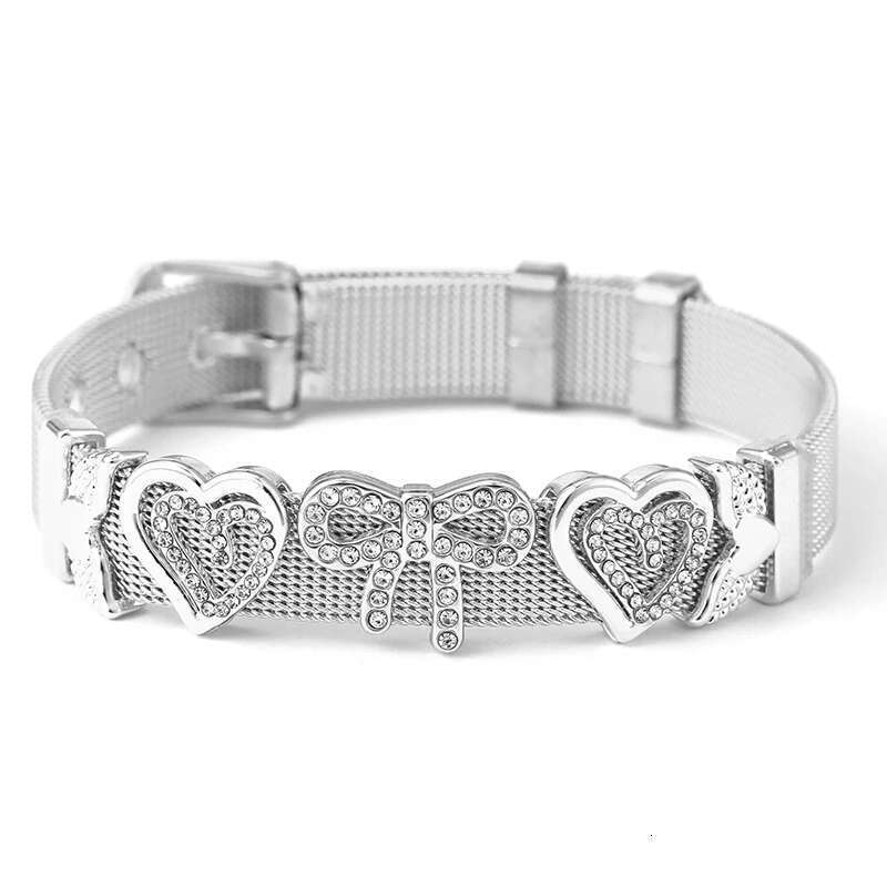 10mm Crystal Bowknot Heart Beads Charm Bracelets DIY Stainless Steel Mesh Keeper Bracelets Pulseras Mujer For Women Men Jewelry