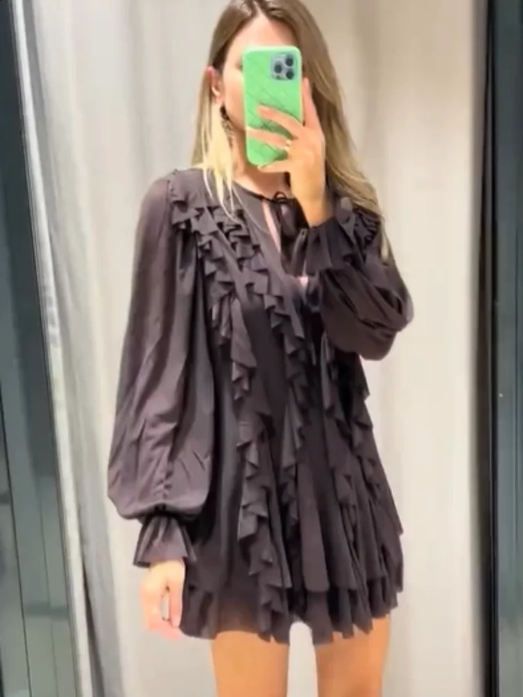 Fashionable deep Vneck puff sleeve pleated hem mini dress for women elegant earth double long sleeved Vestdos 2025 office 250319