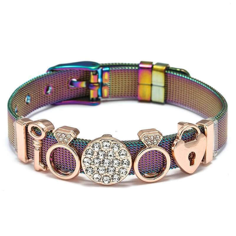 Stainless Steel Colorful Love Key Charms Bracelets DIY Fashion Mesh Bracelet for Women Slider Charms Jewelry Accessories