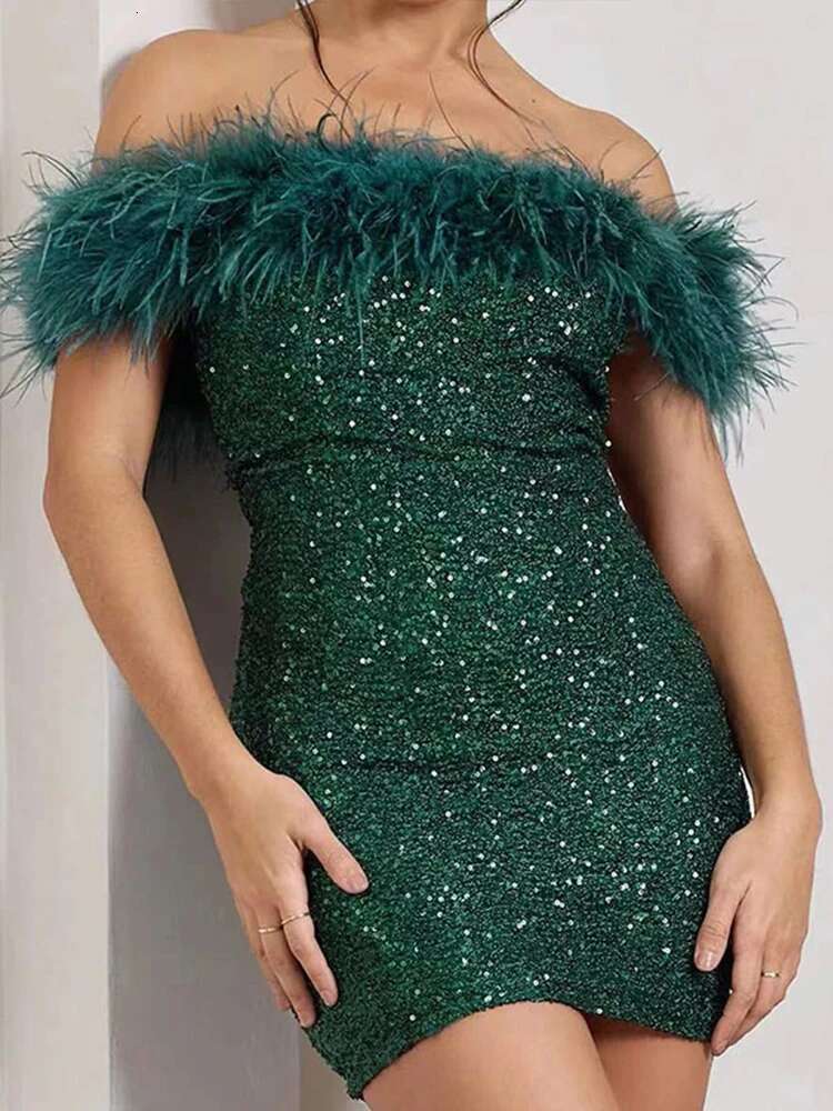 dongdumaoyi Chic Solid Feather Patchwork Women Mini Dress Elegant Sequins Off shoulder Slim Female Dress Sexy Sleeveless Lady Party Robe