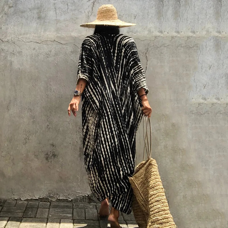 Beach Cover Ups for Swimwear Women Black Tie Dye Kimono Swimsuit Cape Summer Dress Beachwear Outfit Oversized Loose 250319