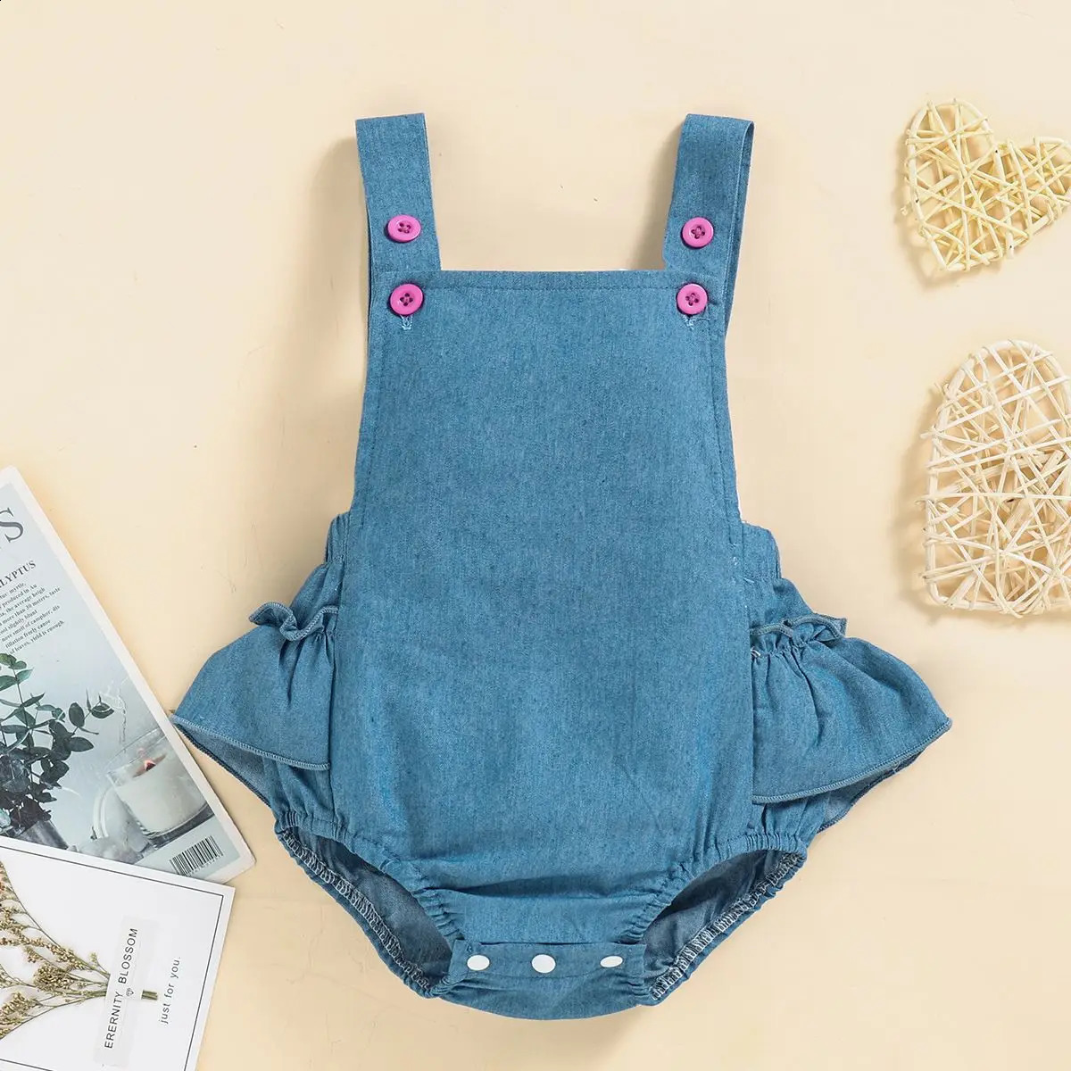 Summer Baby Girl Plaid ShortSleeved Top Denim Triangle Bag Bodysuits Headscarf Romper Clothes ThreePiece Sets 250319