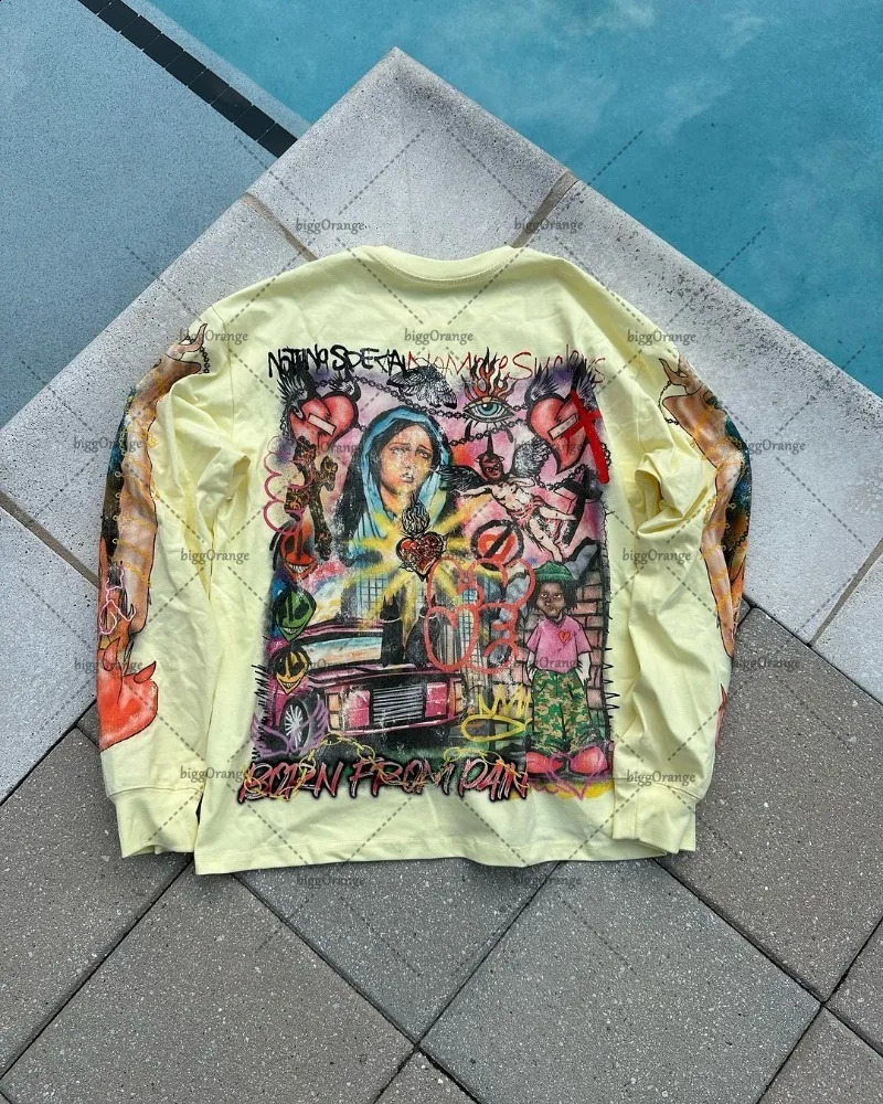 Y2K Harajuku Retro Trendy European and American Gothic Punk Style Printed Floral Mens Rock Street Oversized Graphic Tshirt 250317