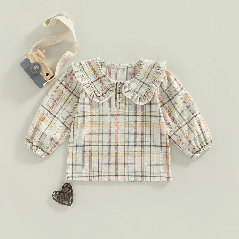 Cute Baby Girls Ruffle Sleeve Tops Plaid Solid Color Doll Collar Blouses Spring Autumn Fashion Casual Shirts for Toddlers 250319