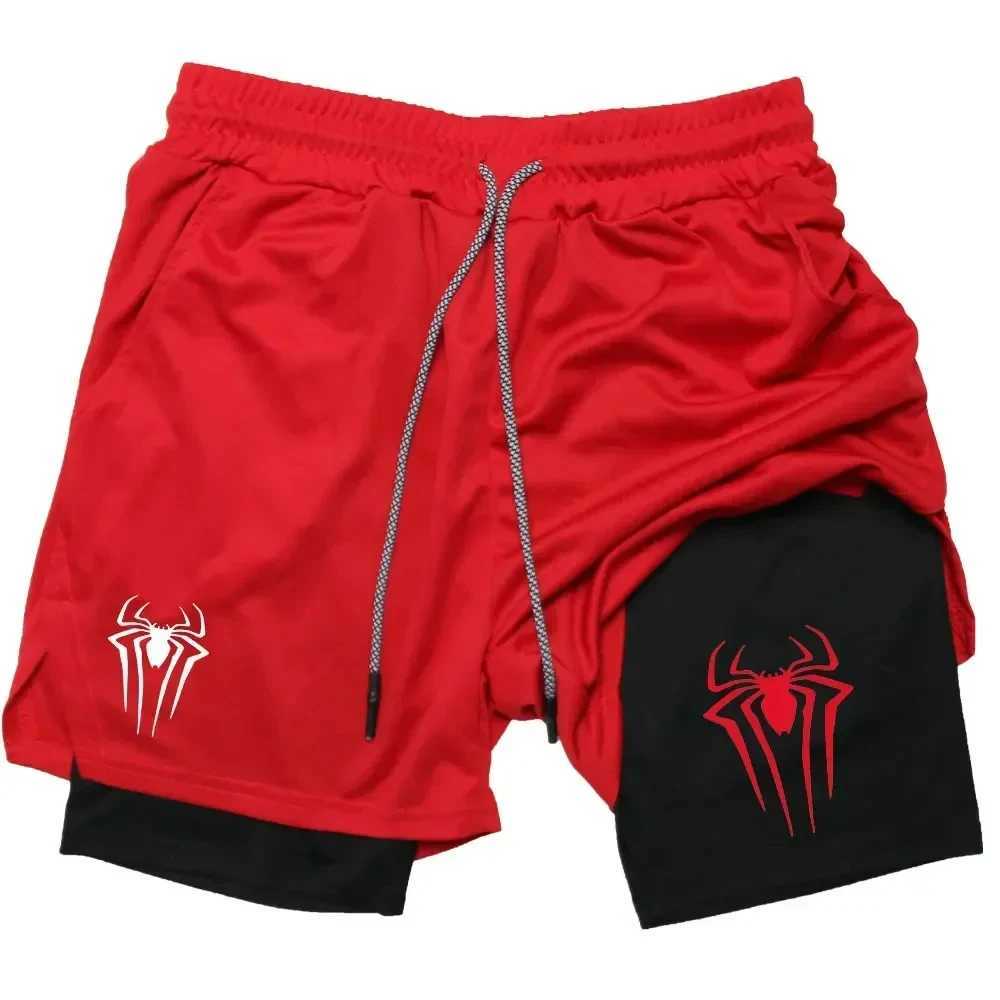 Mens spider printed compression shorts gym workout shorts Y2K with pockets 5 inches quick drying breathable 2-in-1 W250319