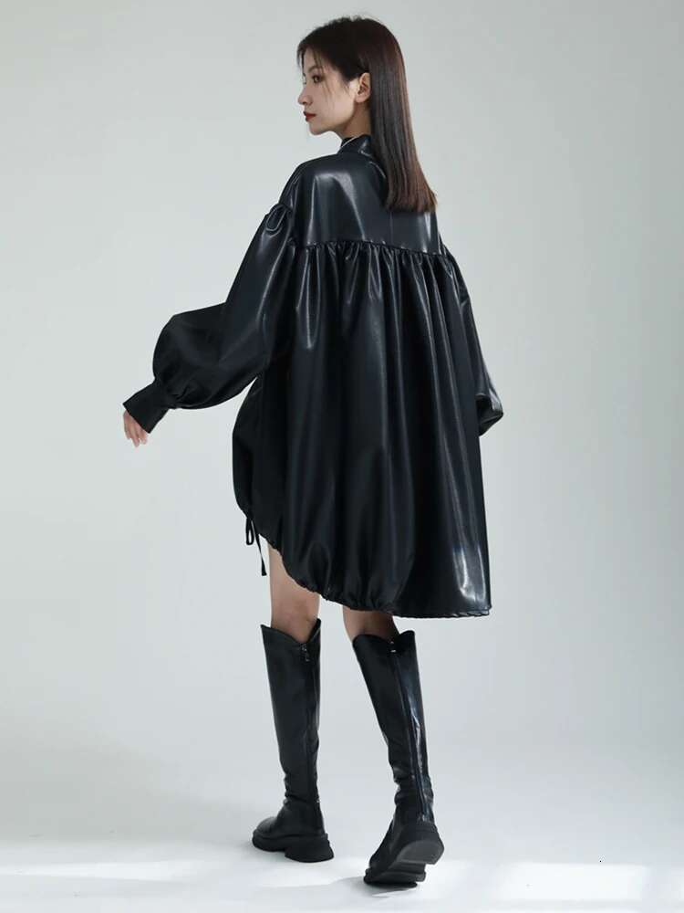 Women Green Pu Leather Drawstring Big Size T-Shirt New Turtleneck Long Sleeve Fashion Tide Spring Autumn 2025 1Dh1358