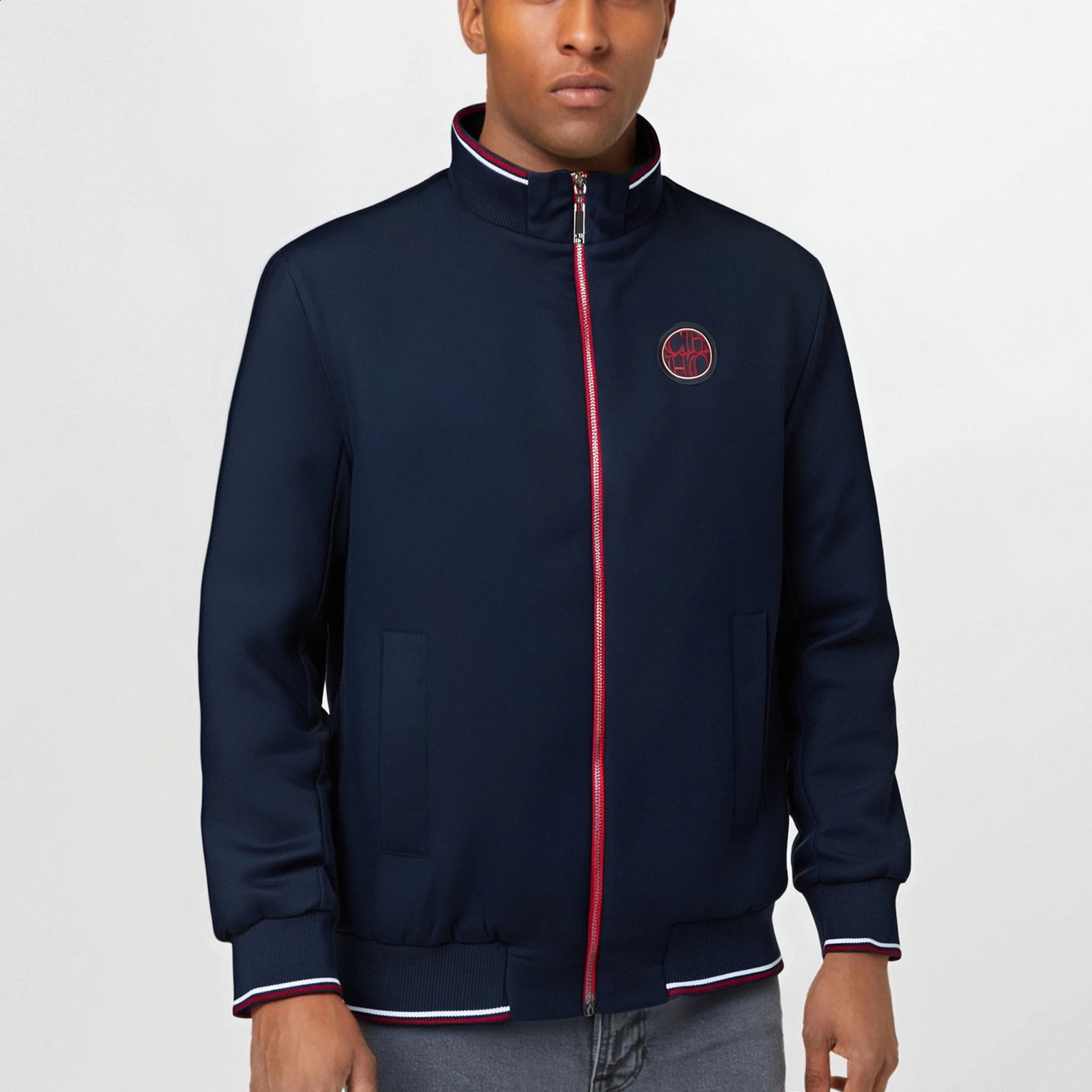 Mens baseball jacket spring thin zipper stand up collar navy blue student sports 250317