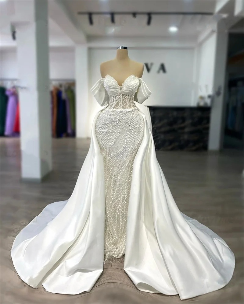 Elegant Mermaid Wedding Dress Sweetheart Neck Off Shoulder Bridal Gowns Beaded Sequins Detachable Train Dresses Custom Made vestidos de novia
