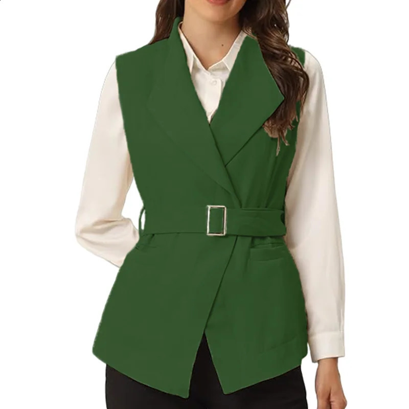 Womens Sleeveless Collar Open Vest Spring Jacket Thin with Inner Lining and Belt Clothing 250319