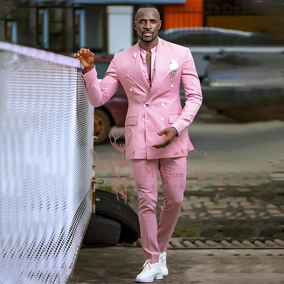 Fashion Mens Suit 2piece Jacket Pants Set Premium Party Custom Ball Outfit Pink Doublebreasted Coat for Wedding Prom 250311