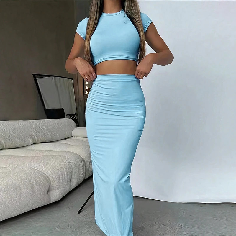 Sexy T-shirt Skirt Two Piece Set Women Short Sleeve O-Neck Crop Top High Waist Skirt Solid Fashion Suit Streetwear Partywear 250319