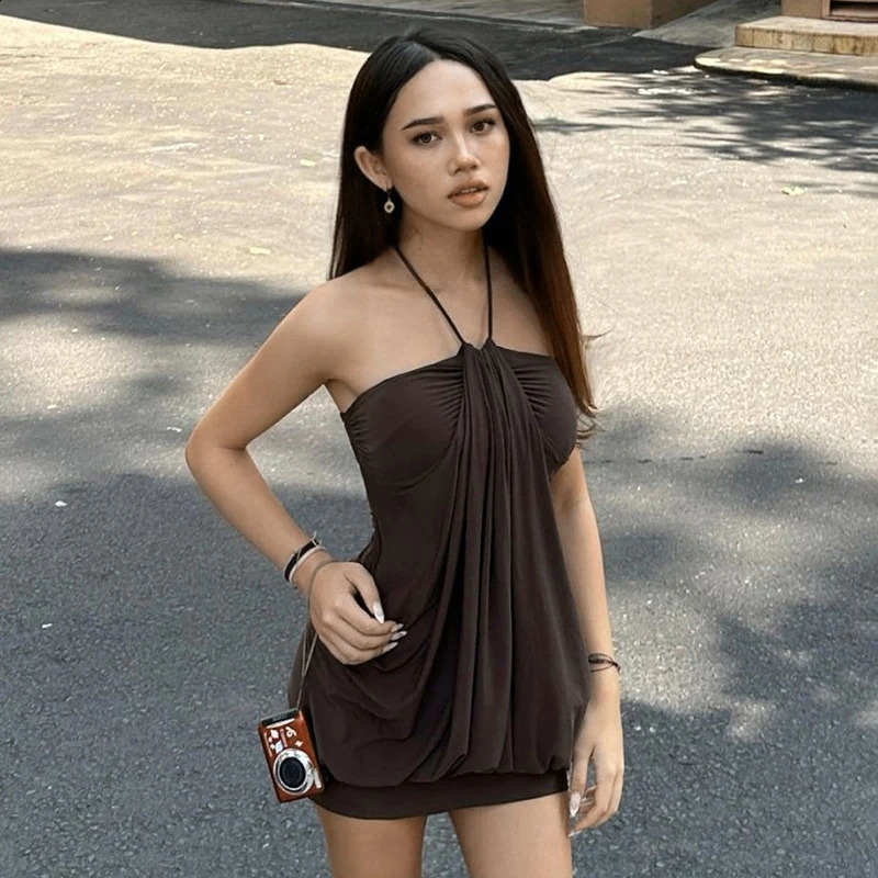 CUTENOVA WomenS Lace Up Halter Sexy Mini Dress Sleeveless High Waist Slim Fit Folds Backless Sheath Beach Holiday Dress Female 250319