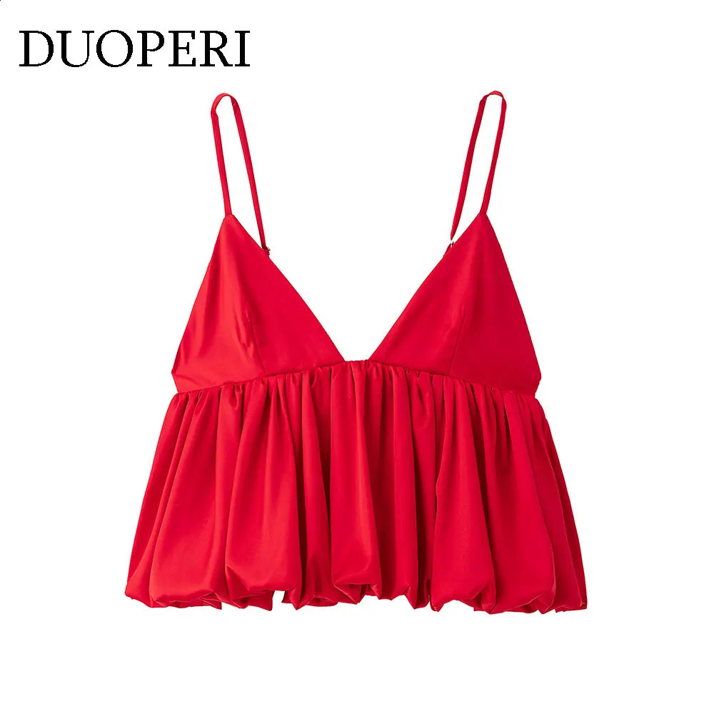 DUOPERI womens fashionable red pleated vest top retro backless thin shoulder strap Vneck 250319