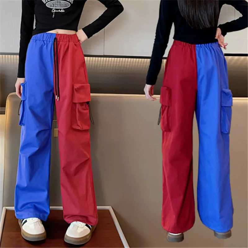 New Fashion Girls Childrens Red and Blue Spliced Colorful Product Pants with Pockets Elastic Waist Childrens Spring Hip Hop Loose Street ClothingT2503