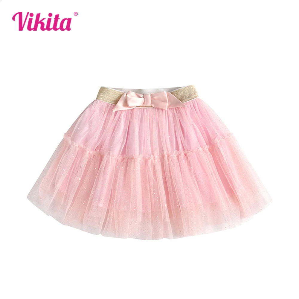 VIKITA Girls Pink Skirts with Bow Knot Kids Shiny Sequins Mini Skirts Girls Birthday Party Casual Daily Mesh Tulle Ballet Skirt 250319