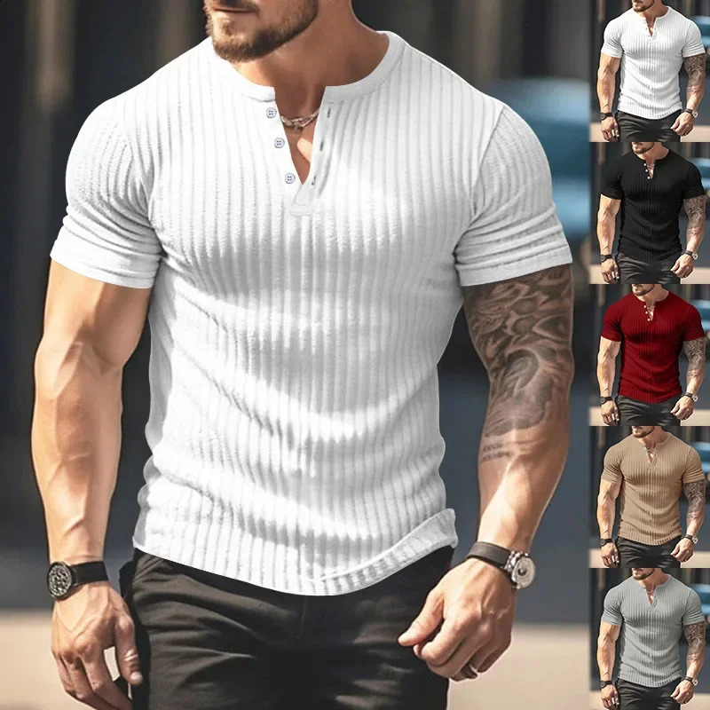 Fashion Europe and the United States solid color summer short-sleeved foreign trade Henry shirt casual knitted T-shirt 250319