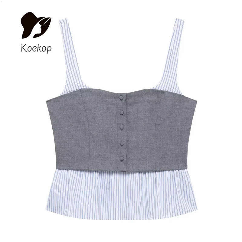 Koekop Womens Fashion Poplin Striped Round Neck Shoulder Strap Top and Retro Casual High Waist Mini Skirt 250318