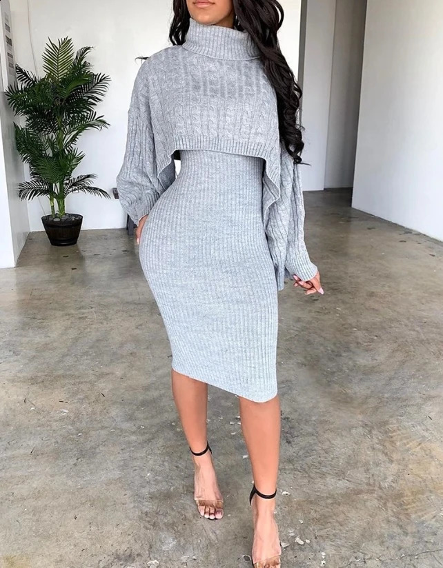 Womens Sweater Set Autumn/Winter Style Solid Turtle Neck Ribbed Sweater and Knitted Belt Dress Set Matching Set 250318