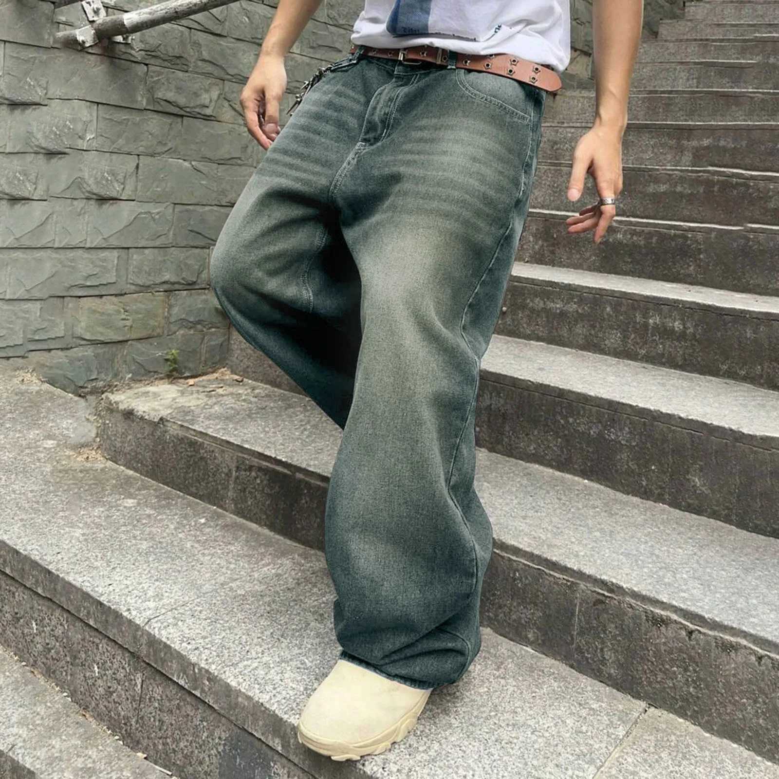 2025 New Y2k Autumn/Winter Pocket Jeans Mens Pocket Hip Hop Jeans Wide Leg Business Jeans Trend Fashion Zipper PantsT250319