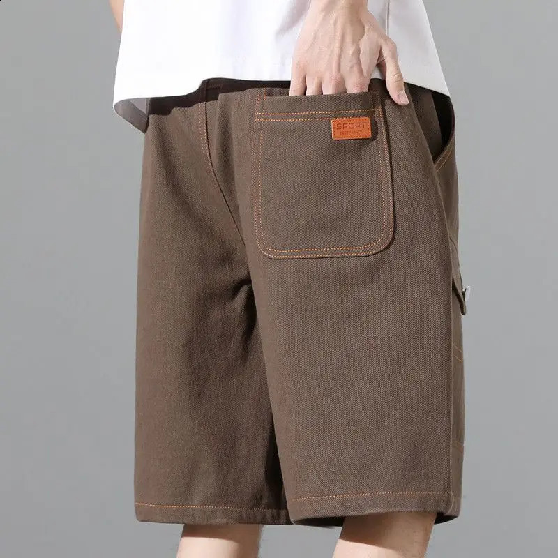 Fashion elastic splicing straight denim shorts mens summer loose Korean high waisted knee casual shorts 250317