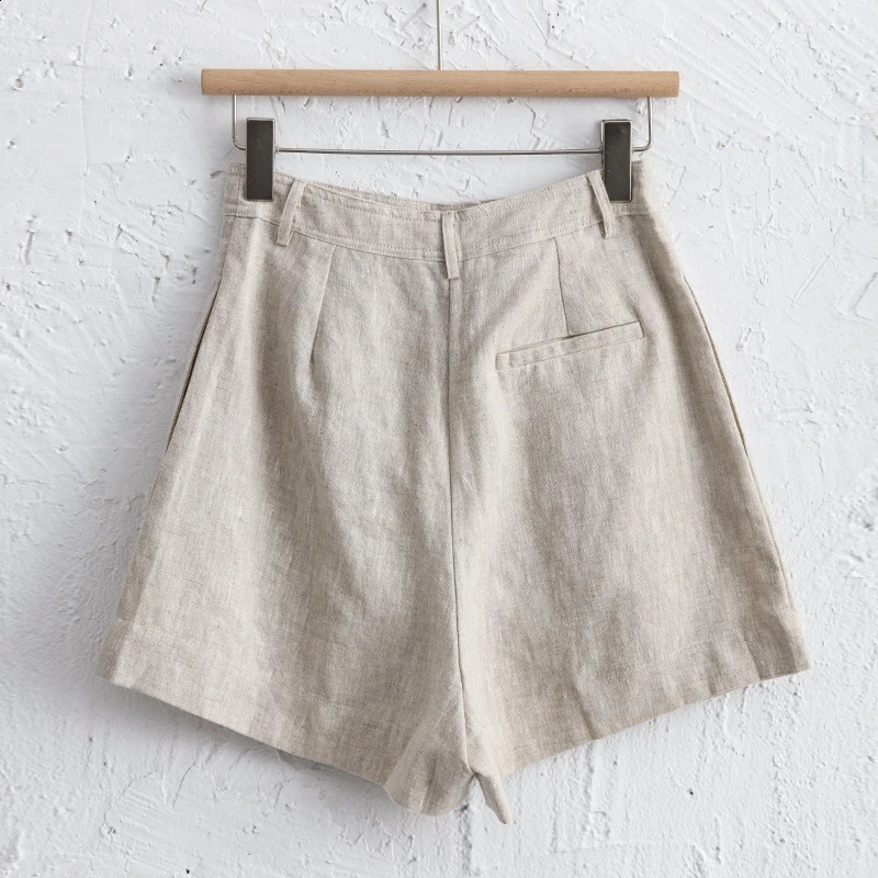 Summer 100% Linen WomenS Shorts Casual High Waist Wide Leg Button Up Elegant Ol Short Pants Femme 250318