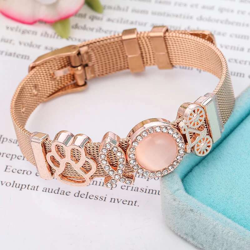 10mm Dog Paw Bicycle Beads Stainless Steel Mesh Bracelets DIY Charm Keeper Bracelets Bangle For Women Boyfriend Men Jewelry Gift