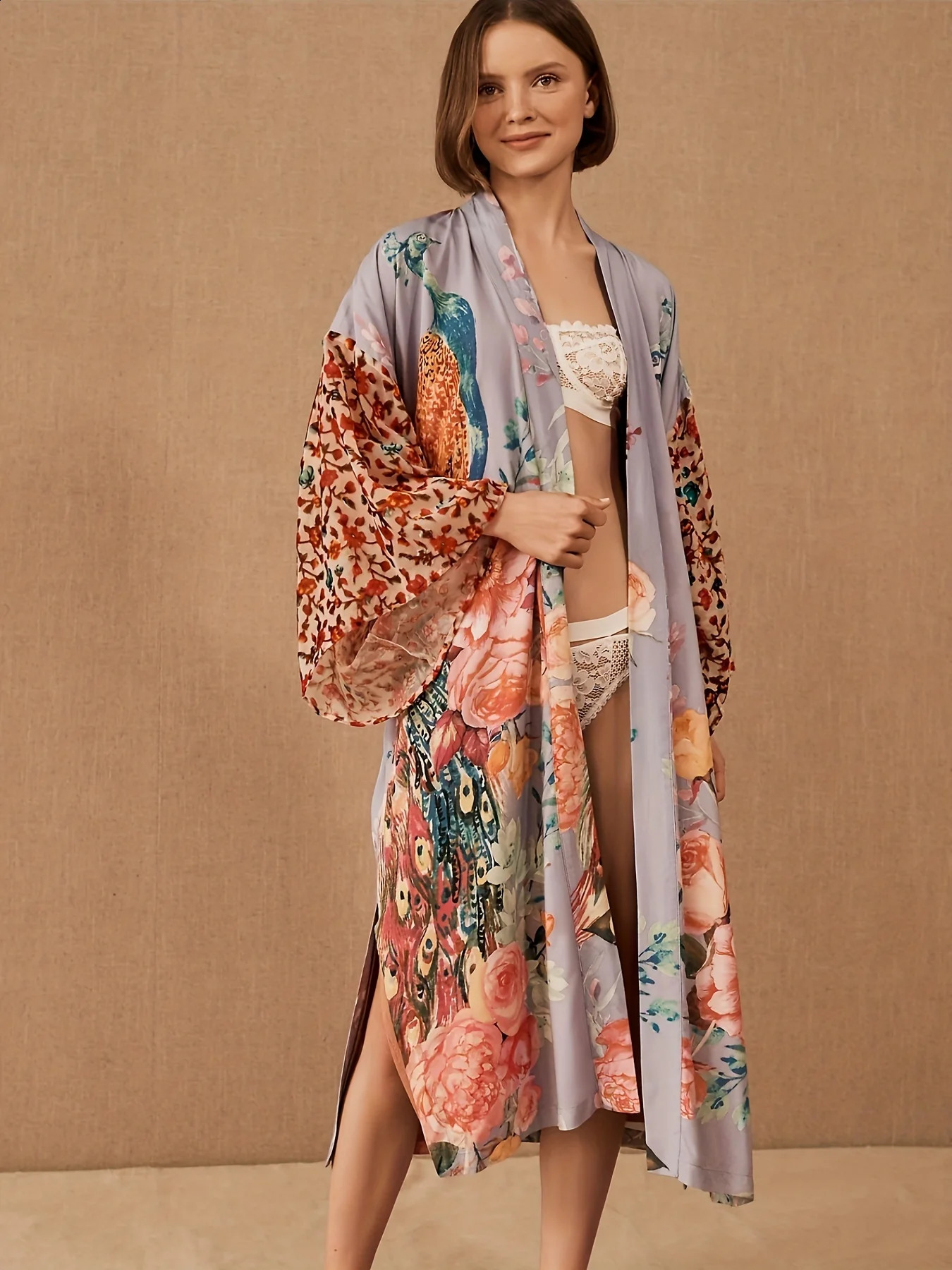 Beach Kimono for Women Peocock Printed Swimsuit Cover Up Self Belted Wrap Dresses Seaside Bathing Suits Beachwear 250319