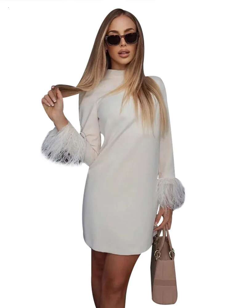 dongdumaoyi Chic Feather Decor Women Dresses Elegant High Neck Full Sleeve Slim Female Mini Dress Fashion Evening Lady Hip Package Robe
