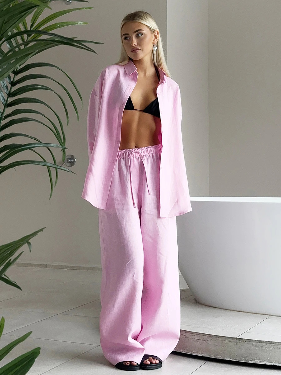Bornadies Cotton Casual Pants Set for Women Solid Color Comfortable Collar Long Sleeve Summer Dress Elastic Waist 250319