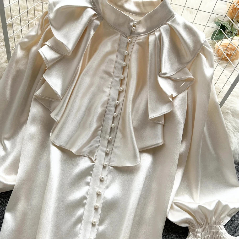 High quality satin loose fitting shirt with long sleeves pleated edges Oneck beaded beads elegant office womens casual Gothic style 250319