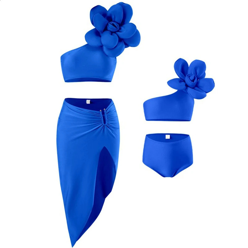 Summer Family Matching Swimsuit Outfits Swimsuits Big Flowers 3pcs Bikini Family Look Mom Girls Woman Swimwear Set 250319