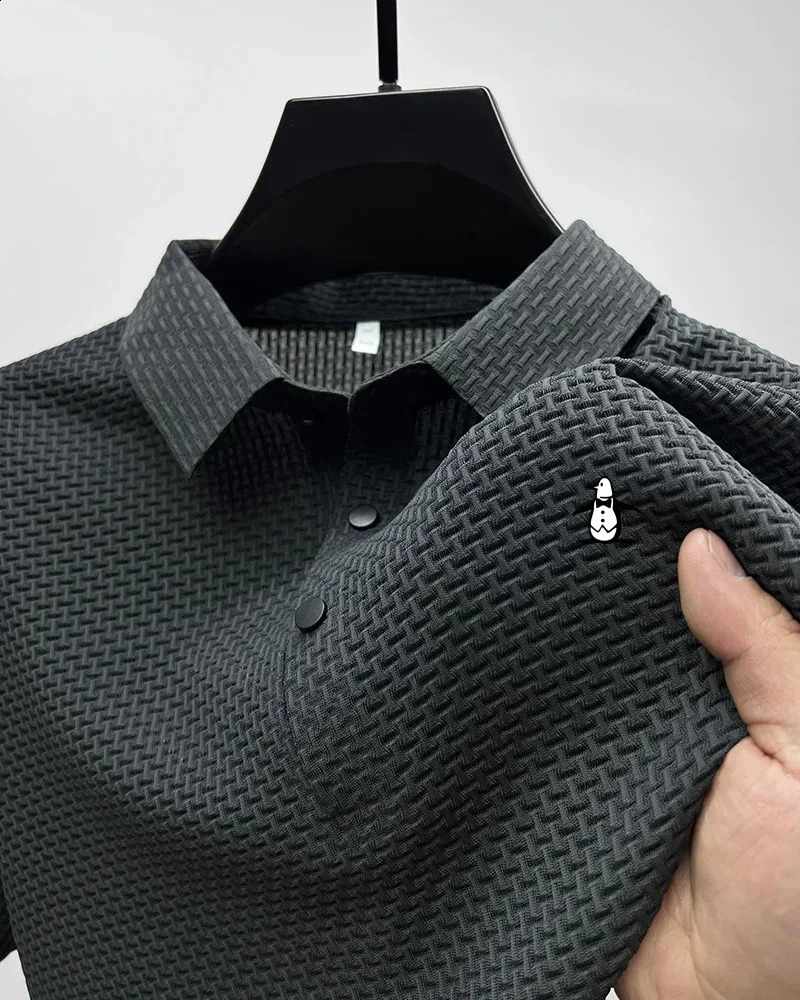 Summer Mens Ice Silk Polo Shirt Solid Hollow Short Sleeve Polo Shirt Mens Business T-shirt Ultra Thin Fit Polo Top 250317