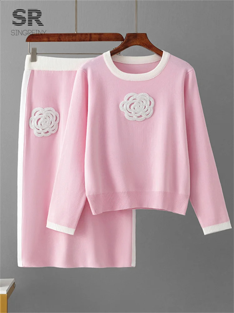 SINGREINY Elegant Two Piece Knit Set Winter Flower n Long Sleeve Pullover Elastic Waist Long Skirt Fashion Sweater Suit 250318