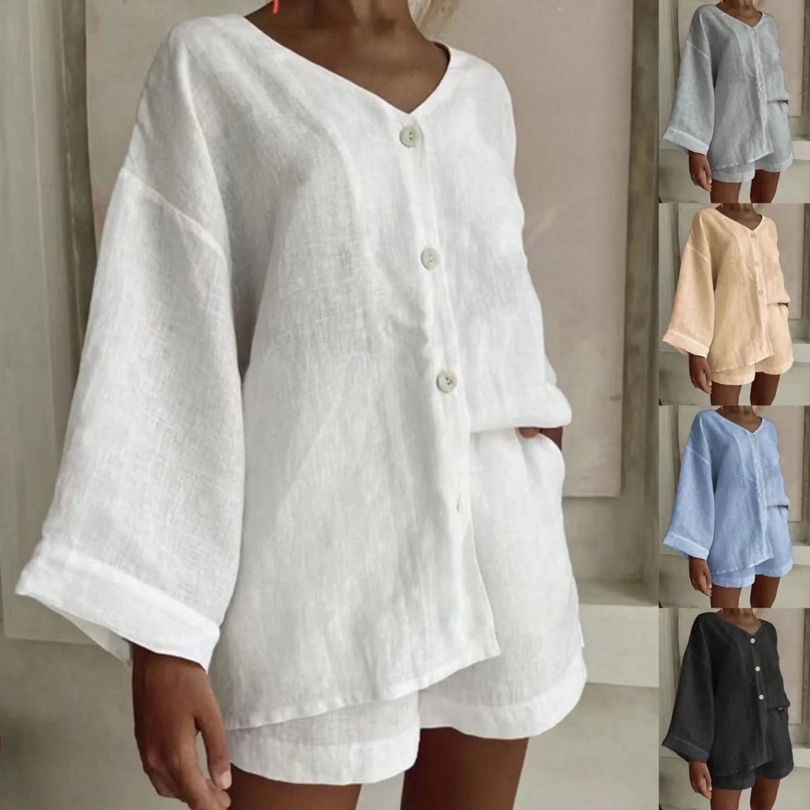 Spring/Summer Womens Holiday Shorts Set Womens Casual 2-piece Set Cotton Linen Brushed Elastic Waist Shorts 250318